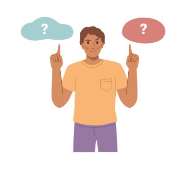 Karar vermek ve seçim yapmak, tecrit edilmiş bir adam seçenek seçmek istiyor. Alternatifler ve olasılıklar, cevaplar ve çözüm seçimi. Çizgi film illüstrasyonunda vektör