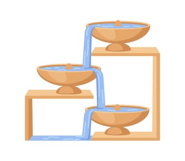 Peyzaj için çeşme dekoratif yapı veya rezervuarlı ve çağlayan su ile park tasarımı. Kaynak havuzlarındaki jet aqua akıntısı. Çizgi film illüstrasyonunda vektör