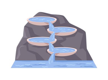 Fountain on rock with cascades and streams of water. Isolated decorative structure. Reservoir with pure water, pool. Vector in flat cartoon illustration clipart