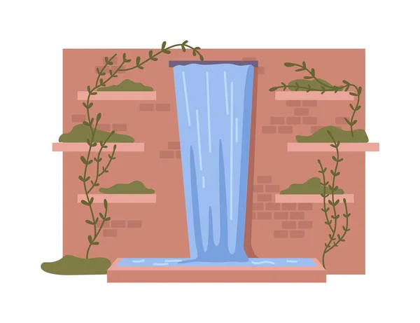 Водопад Тропическими Ползучими Цветами Фонтан Ручьем Воды Кирпичной Стеной Бассейн — стоковый вектор