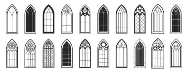 Gotik pencere hatları ayarlandı. Vintage vitray kilise çerçeveleri, siyah siluet ikonu. Geleneksel Avrupa mimarisi öğesi, katedral pencereleri