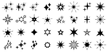 Minimalist siluet yıldız simgesi, siyah siluet sembol vektörü seti. Parıldayan yıldız şekilli sembollerin tasviri. Modern geometrik elementler, soyut parlayan yıldız simgesi