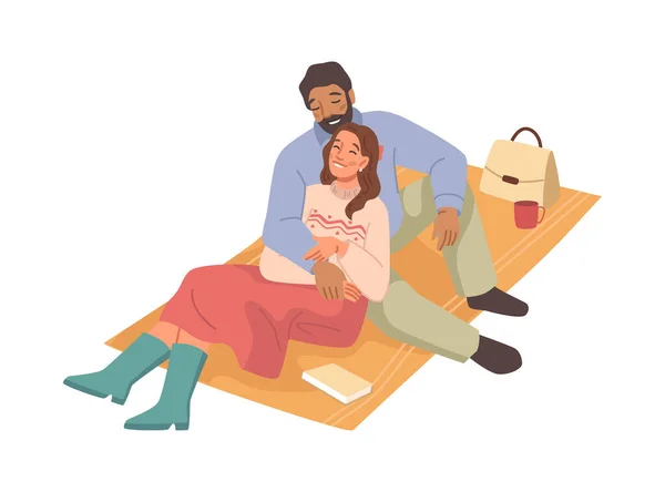 夫妻享受浪漫野餐日期平面卡通矢量人物 男人和女人坐在格子花和拥抱上 咖啡杯 书包上 秋天的心情的简约写真 — 图库矢量图片