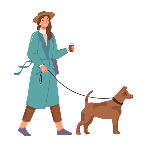 Женщина Гуляет Собакой Поводке Изолированные Плоские Мультяшные Персонажи Осеннее Настроение — стоковый вектор