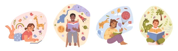 読書しながら座って幸せな子供フラット漫画ベクトルイラストセット 動物や宇宙 恐竜や気球での飛行 魔法の本について読むベクトルの子供たち — ストックベクタ