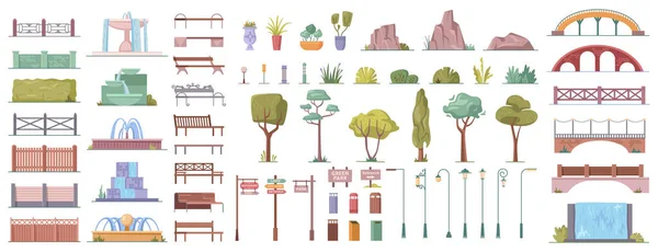 Elemente Des Stadtparks Cartoon Reihe Von Bäumen Und Sträuchern Sommer — Stockvektor