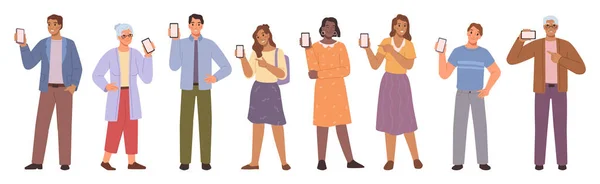 Άνθρωποι Δείχνουν Οθόνη Smartphone Κινητό Χαρούμενους Άνδρες Και Γυναίκες Νεαρός — Διανυσματικό Αρχείο