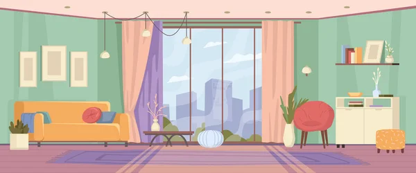 Camera Moderna Con Finestra Panoramica Mobili Appartamento Con Divano Sedia — Vettoriale Stock