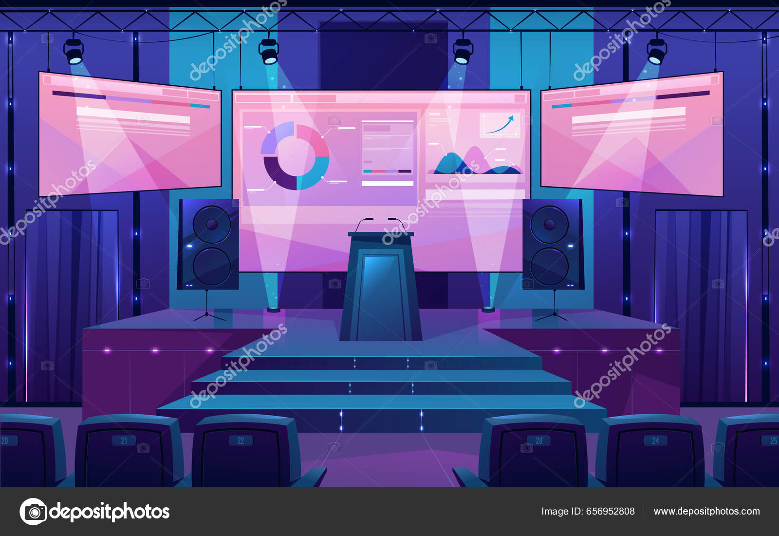 Moderno Escenario Concierto Con Pantalla Iluminada Por Proyectores Dibujos  Animados Vector de stock #656952808 de ©Sensvector, image size:1600x1100