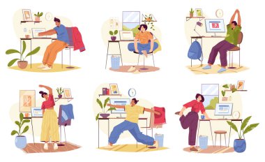 Evden veya ofisten çalışan çalışanlar esneme hareketleri yapıyor. Çizgi film karakterleri, düz stil vektör. İnsanlar dinlenmek ve dinlenmek için işyerlerinde küçük egzersizler yapıyorlar. Gerginlik ve kas ağrıları gideriliyor