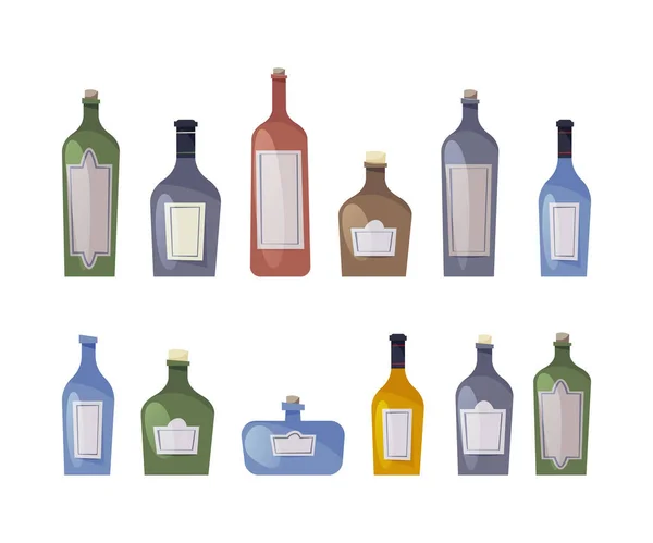 Alcohol Drinks Glass Bottles Isolated Flat Cartoon Vector Illustration Rum — Stock Vector