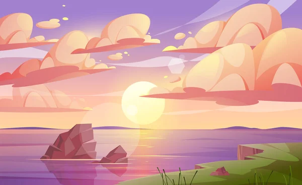 Zonsondergang Zonsopgang Oceaan Natuur Landschap Achtergrond Cartoon Vector Illustratie Roze — Stockvector