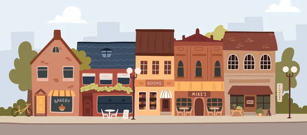 小さな町の建物のセット 古い小さな町のいくつかのビジネスのビュー フラット漫画パン屋やカフェ 花の店やレストランのファサード — ストックベクタ