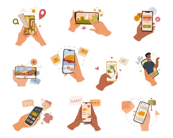 Mãos Segurando Telefones Celulares Com Aplicação Conjunto Desenhos Animados Plano —  Vetores de Stock