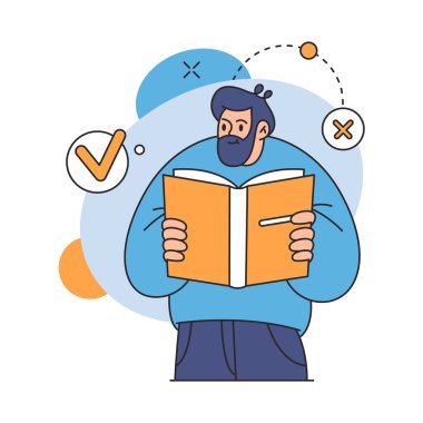 Çek işaretli ve çapraz negatif işaretli kitap okuyan adam, negatif ve pozitif çizgi çizgi film çizimi çiziyor. İşaretle ve yanlış işareti durdur, eğitimde başarısız ol