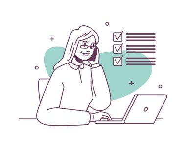 Müşteri hizmetleri çağrı merkezi çalışanı ve dizüstü bilgisayarı var. Telefon ekibi destek üyesi, operatör ajan karakteri, yardım hattı temsilcisi...