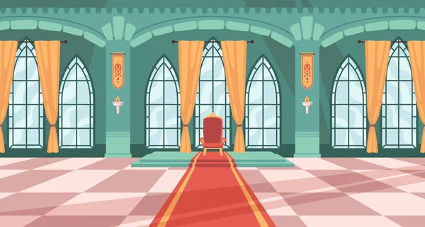 Интерьер Королевского Бального Зала Королевским Креслом Векторная Сказочная Галерея Арочными — стоковый вектор