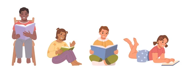Crianças Lêem Livros Meninos Meninas Educação Pré Escolar Personagens Engraçados —  Vetores de Stock
