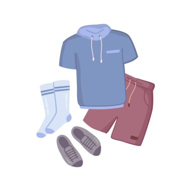 Erkek yaz giysisi, yaz tişörtü, şort ve çorap, düz çizgi film tarzında spor ayakkabıları. Gündelik yaz kıyafetlerinin vektör çizimi, tatil için kıyafet