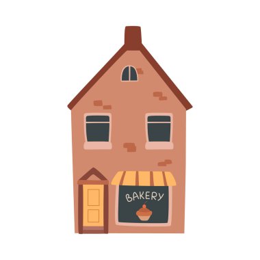 Pastane binası küçük işletmeler izole edilmiş düz çizgi film ikonu. Ekmek Evi 'nin dış cephesi, pastane, hamur işi taze kek tabelası.