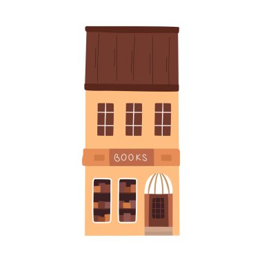 Girişi güneşlikli kitapçı. Kitaplar vitrindeki raflarda. Sokak dükkânı. Vektör illüstrasyon, düz çizgi film tarzı kitap pazarı görüntüsü. Küçük şehir işletme kitapları oluşturma