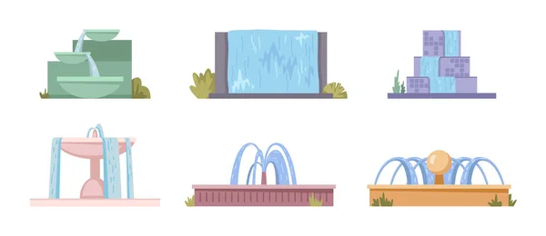 Wasserfontänen Natürliche Geysir Wasserfälle Und Wasserspritzer Flache Cartoon Illustrationen Vektor — Stockvektor