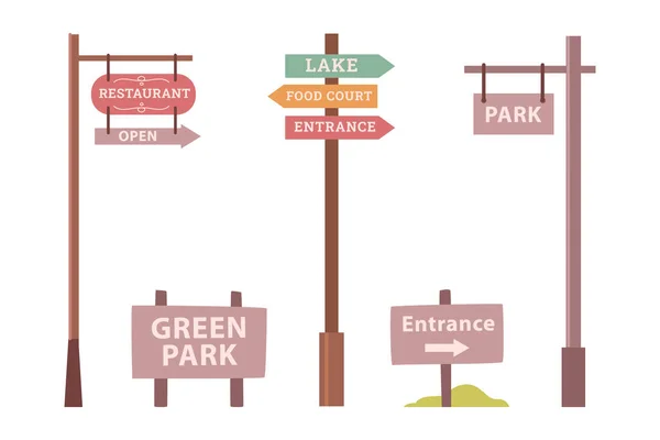 公园标志板 带有花园入口标志的木制路标板 开放餐馆或食品店告示板 平面卡通矢量图集 — 图库矢量图片