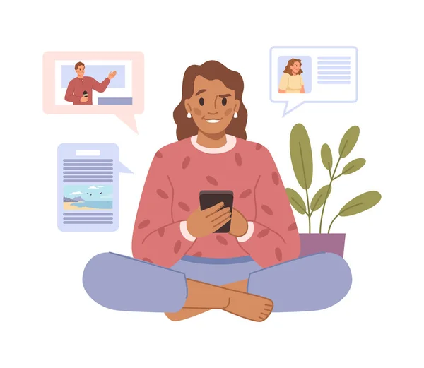 Woman Reading News Smartphone Media Information Concept Cartoon Character Get — Stock Vector