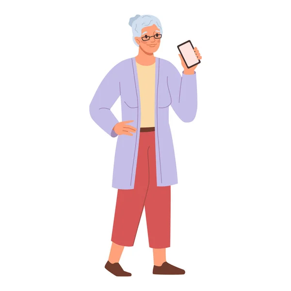 Γυναίκα Εμφάνιση Οθόνη Smartphone Γριά Κυρία Κινητό Ακολουθήστε Ταξιδιωτικός Ηλικιωμένη — Διανυσματικό Αρχείο