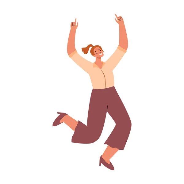 Riendo Mujer Saltando Alegría Celebrando Feliz Dama Chica Divertirse Persona — Vector de stock