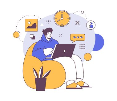 Koltuktaki adam dizüstü bilgisayarla çalışıyor, serbest çalışıyor. Serbest çalışan işveren çevrimiçi, karantinada çalışan, bilgisayarda çalışan. Programcının vektör illüstrasyonuName