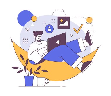 Rahat koltuktaki serbest çalışan biri evden online olarak çalışıyor. Dizüstü bilgisayarda çalışan bir erkek, karantina işçisi, programcı, çizer ya da çevirmen. Serbest çalışan gevşek kişinin vektör illüstrasyonuName