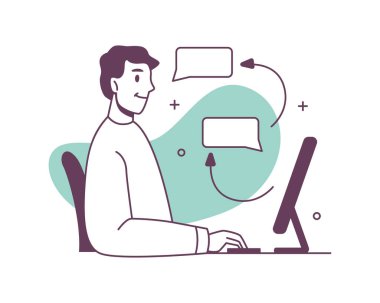 Müşteri hizmetleri çağrı merkezi çalışanı. Bilgisayarları boş mesajlaşıyorlar. Destek merkezi üyesi, operatör ajan karakteri, yardım hattı yardımcı temsilcisi illüstrasyonu