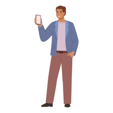 Vektör erkek akıllı telefonu elinde tutuyor, cep telefonu uygulamasında sunum bilgileri. Genç adam telefon ekranını göster izole düz çizgi film karakteri, adam boş ekran göster