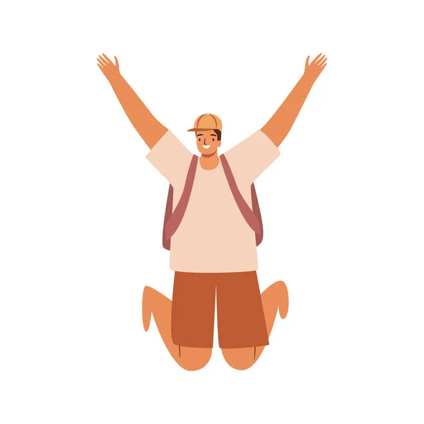Hombre Feliz Saltando Personaje Plano Dibujos Animados Joven Divertida Celebración — Vector de stock