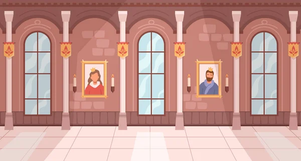 君主王と女王ギャラリーの肖像画と城ロイヤルボールルームのインテリア漫画の背景 アーチ窓のあるボールのためのベクトル中世のホール 君主制の結婚式の列とダンス廊下 — ストックベクタ