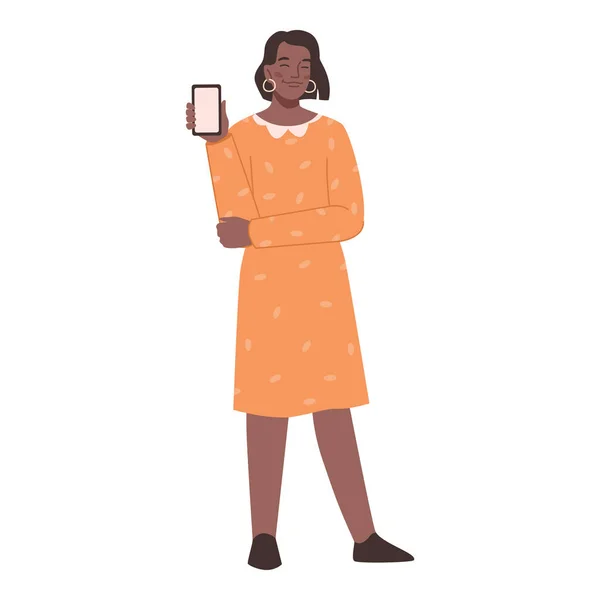 手にスマートフォンを持つアフリカ系アメリカ人の女の子 フラット漫画の文字 女性は空のスマートフォン画面を表示します 携帯電話を示す幸せな若い起業家 空の画面広告 — ストックベクタ