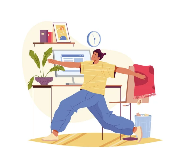 在家里的工作场所做伸展运动 健身活动 员工从办公室伸展着桌子和电脑在房间里工作 卡通人物做一些小练习以获得休息和消除紧张 — 图库矢量图片