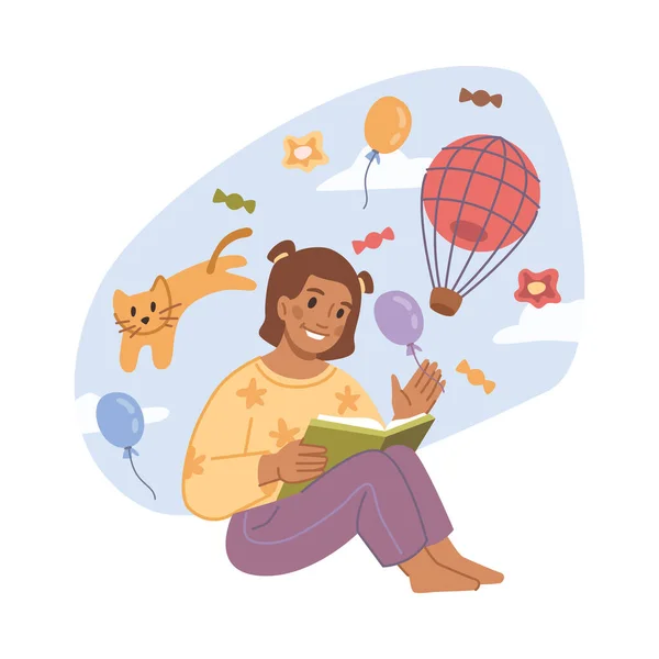 猫ペットフラット漫画ベクトルイラストで気球に乗って旅行についてのファンタジー本を読んでいる女の子 小さな女性の夢の冒険 旅行のインスピレーションについてのおとぎ話を読む — ストックベクタ