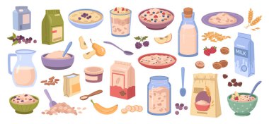 Yulaf ezmeli kahvaltı, tahıl lapası ve yulaf lapası, muz meyvesi ve kaşıkla beslenme. Kutuda yulaf gevreği, fındıklı kase ve kavanozda böğürtlen. Sağlıklı yiyecek, karikatür vektör çizimi