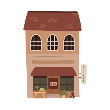 Küçük işletme çiçekçisi ön cephesi düz çizgi film çizimi. Çiçekçi dükkanı, çiçekçi dükkanı, çiçekçi dükkanı.