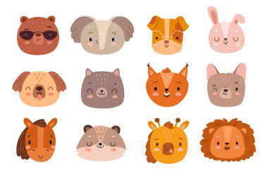 Hayvanlar etiketlerle karşılaşır. Şirin hayvan Kawaii komik emojisi veya ayı, fil ve köpek avatarı, tavşan ve kedi, rakun, at, aslan ve sincap. Çizgi film kedisi ve köpek yavrusu, karakter karalama duygusu