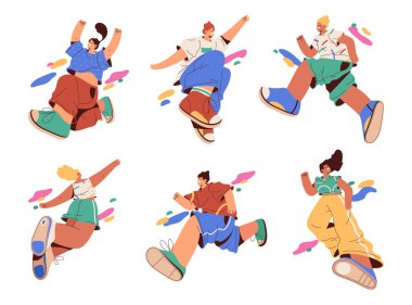Gençler koşuyor, zıplıyor, olumlu duygular ifade ediyorlar. Enerjisi ve motivasyonu olan, enerjik ve neşeli yüzlü çizgi film karakterleri.