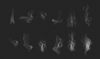 Candle smoke, vapor or mist from blowing out flames from wick. Vector realistic smoky cloud or gaze effects, small puff or fume swirls, isolated on transparent background clipart