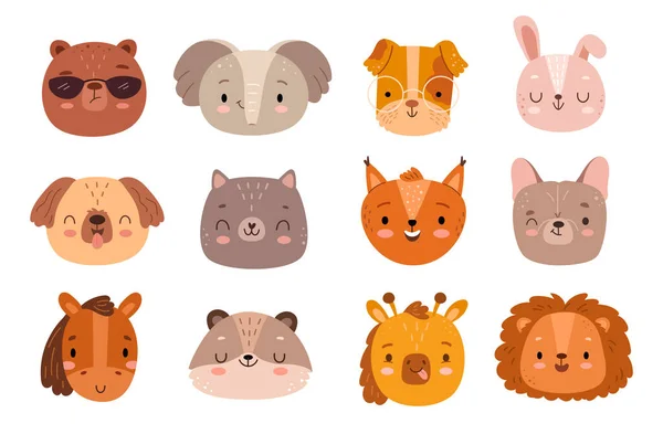 Gli Animali Affrontano Adesivi Carino Animale Kawaii Emoji Divertente Avatar — Vettoriale Stock