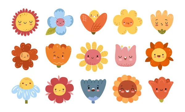 Caras Flores Dibujos Animados Con Diferentes Emociones Iconos Aislados Conjunto — Vector de stock