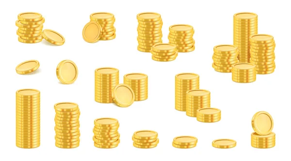 Золоті Монети Реалістична Грошова Валюта Стосі Золоті Скарби Готівкою Векторні — стоковий вектор