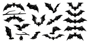 Cadılar bayramı yarasa silueti beyaza saplanmış. Ürkütücü siyah korku yarasa grafiği. Ürkütücü uçan fare yarasalarının vektör çizimi, ağaç dallarındaki yarasa fareleri.
