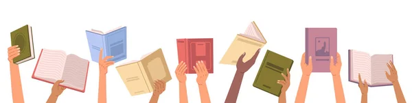 Livro Mãos Volta Escola Literatura Compartilhamento Livros Didáticos Cruzamento Livros —  Vetores de Stock