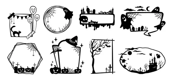ハロウィンパーティーフレーム 不気味な猫と黒の背景 カボチャと幽霊 城のシルエットとクモの巣 墓地の写真フレーム 不気味な装飾 — ストックベクタ